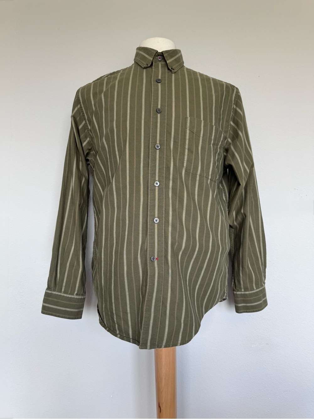 St. John's Bay Olive Green Striped Button Down Shirt 100% Cotton Long Sleeve